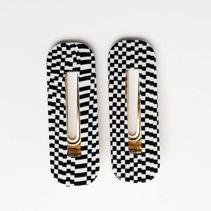 LARISSA LODEN Tortoise Hair Clip Duo In Black & White Check By Nat + Noor Socks & Accessories