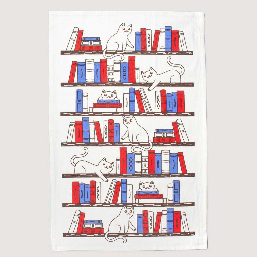 LARISSA LODEN Bookshelf Cats Tea Towel Home & Kitchen