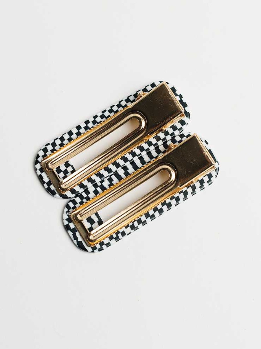 LARISSA LODEN Tortoise Hair Clip Duo In Black & White Check By Nat + Noor Socks & Accessories